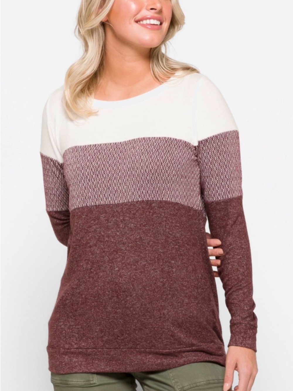 Pink Clover Cream & Wine Colorblock Long Sleeve Top